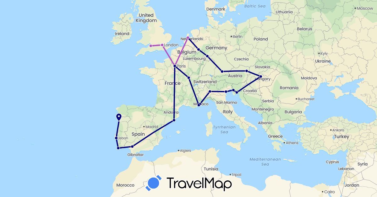 TravelMap itinerary: driving, train in Austria, Germany, Spain, France, United Kingdom, Croatia, Hungary, Italy, Netherlands, Portugal (Europe)